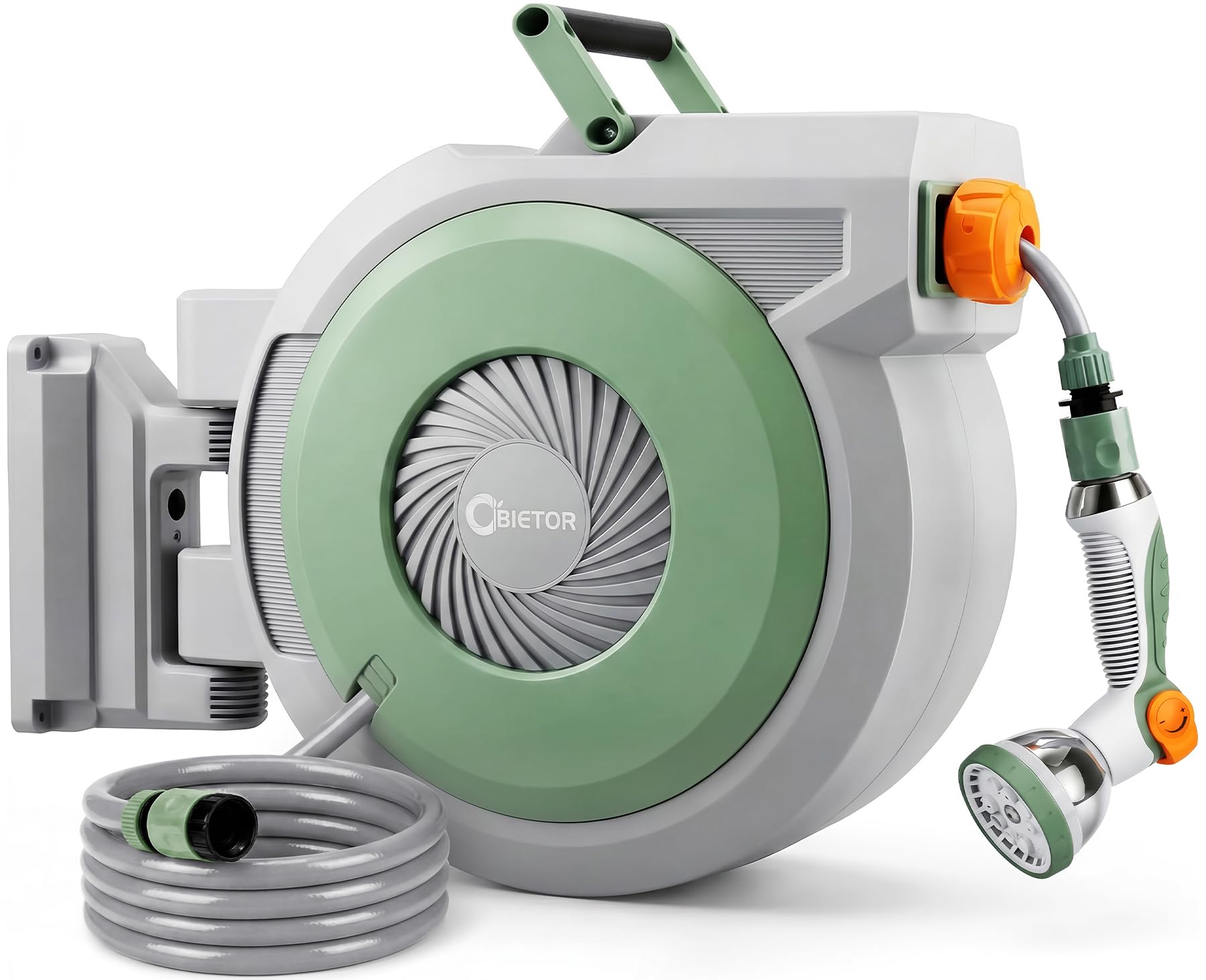 Bietor Retractable Garden Hose Reel, 1/2“ x40m+2m Upgraded UV Resistant Heavy Duty Wall Mounted Hose Reel with 10 Patterns Nozzle, Any Length Lock, Slow Return System, 180°Swivel Bracket