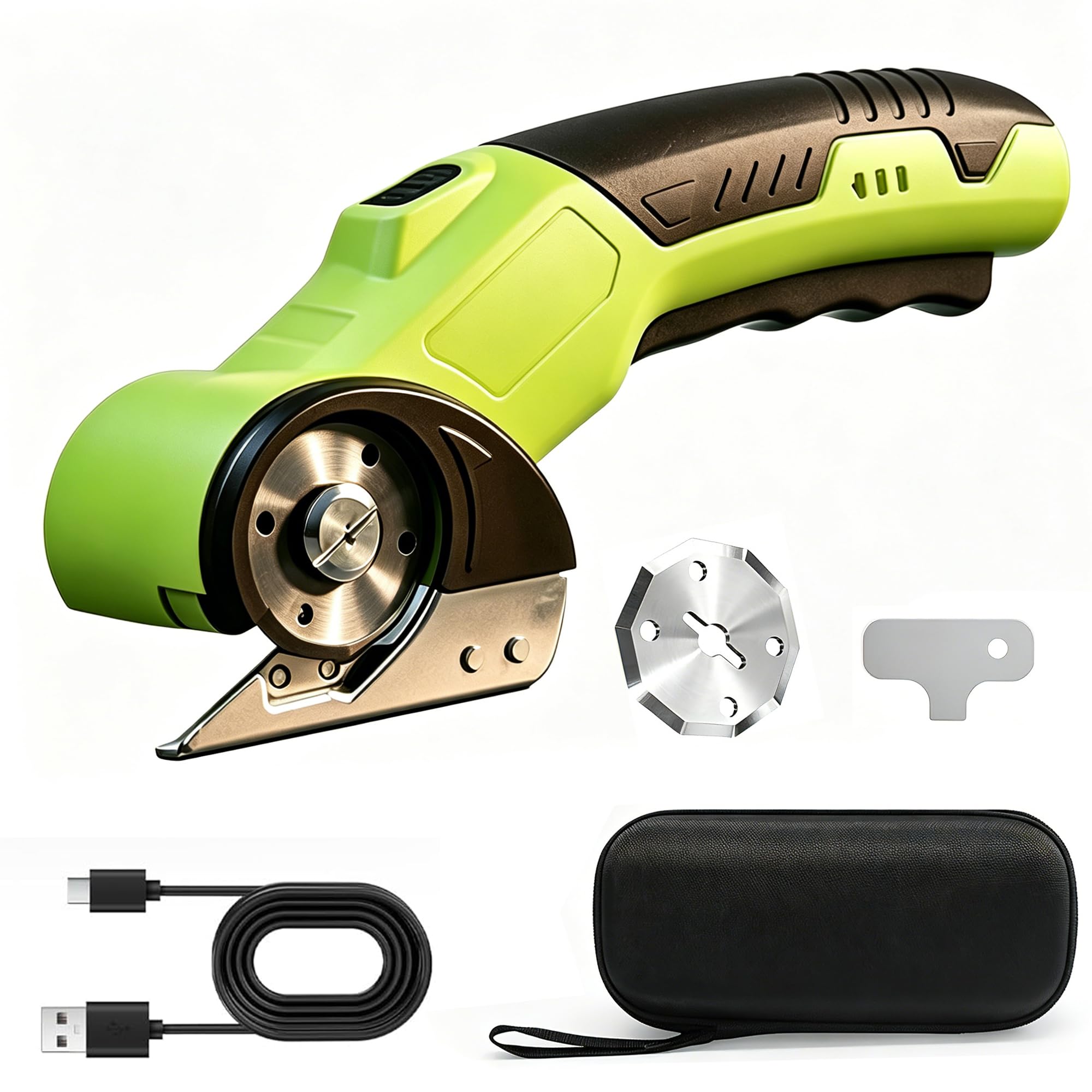 Rechargeable Rotary Cardboard Cutter – Electric Scissors with LED Light & Safety Lock, Cordless Electric Cutter for Fabric Carpet Carton Plastic Leather, 4V Motor 320RPM, 2 Blades, USB-C Charging