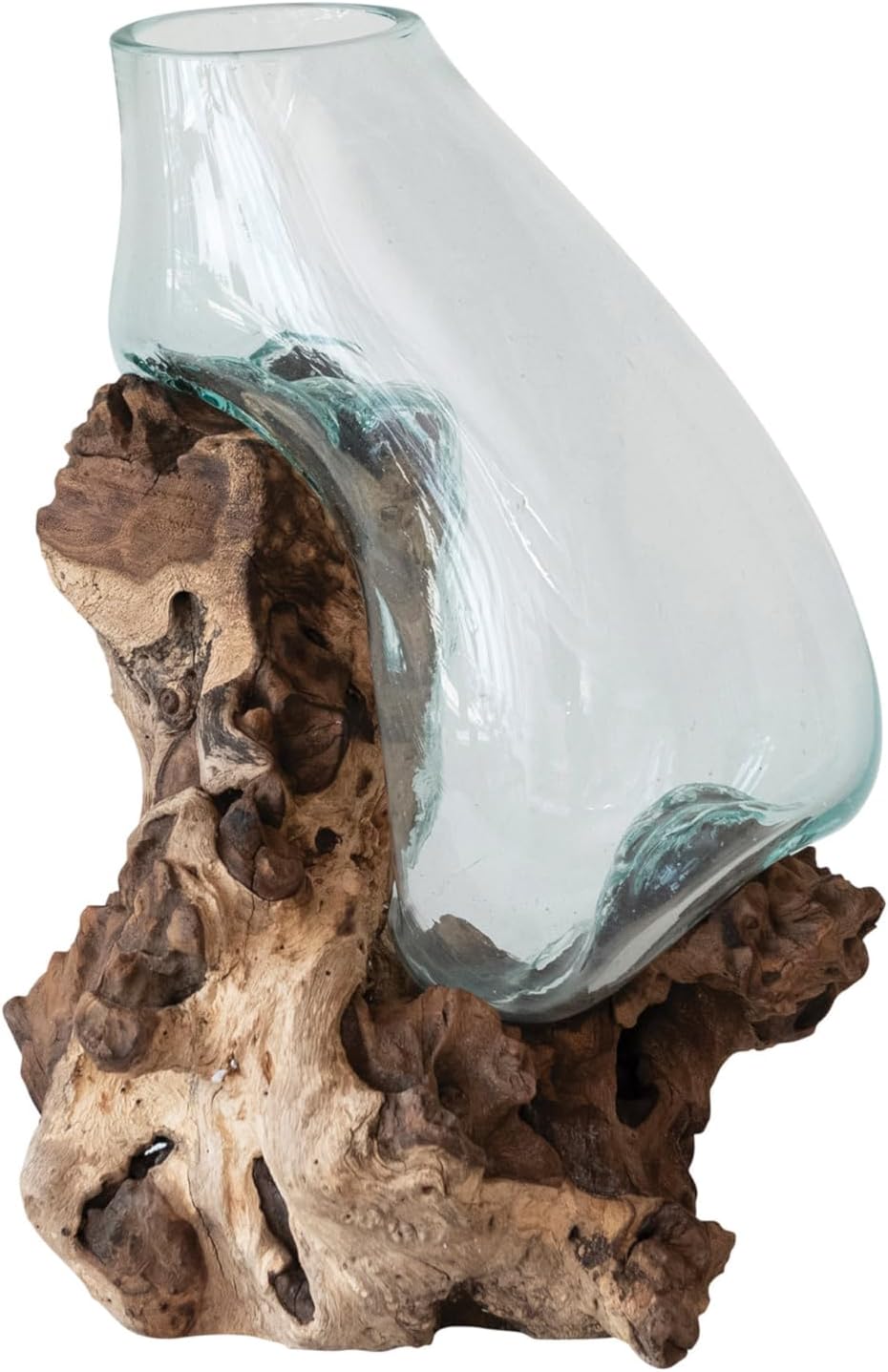 Creative Co-Op Reclaimed Glass Terrarium Vase on Wood Base, Clear and Natural