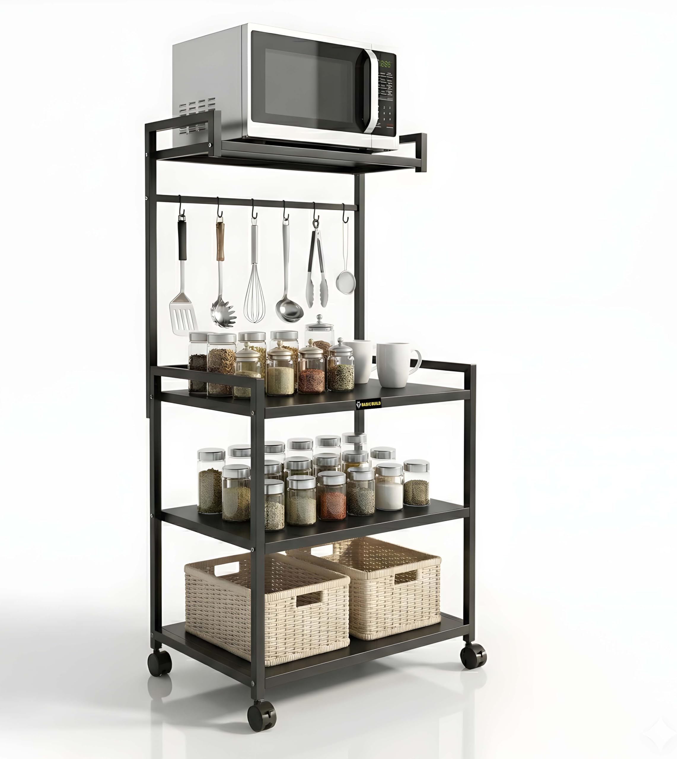 4 Tier Heavy Duty Microwave Stand with Wheels | Metal Kitchen Appliance Rack for Oven, OTG, Air Fryer | Storage Organizer Trolley (Black)-image-43