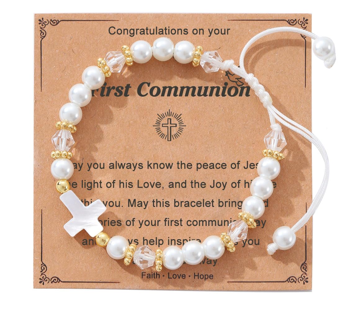 Cross Pearl Bracelet, First Communion Gifts, Baptism, Easter Gifts for Teen Girls, Faith Christian Religious Bracelet for Girls