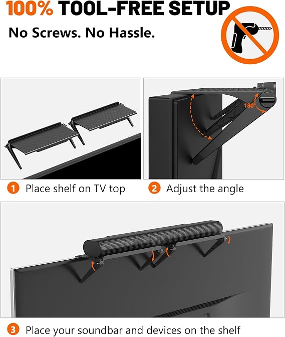 No Drilling Soundbar Mount, TV Top Shelf Fits Most Soundbars up to 12 lbs, Universal Monitor Shelf-Sound Bar Mounts, Sound Bar Shelfs Above TV for Flat Screen TVs,No TVs Disassembly, 23.6x4.4inch