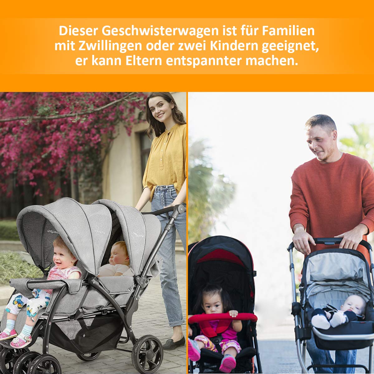 GOPLUS Zwillingswagen Klappbarer Kinderbuggy für Babys ab 6 Monate Grau