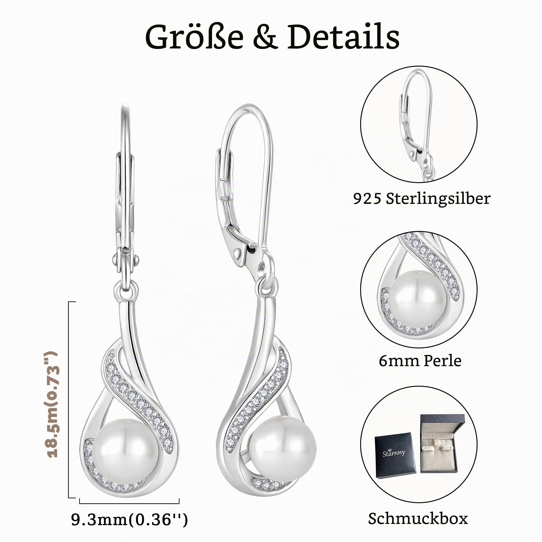 6mm Perlen Ohrringe Damen Sterling Silber 925 Hängend 3A Zirkonia Geburtsstein Schmuck Geschenk für Frauen Freundin Mama