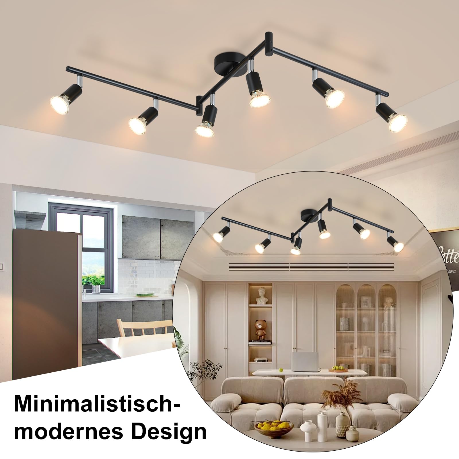 LED Plafoniera 6 Faretti Lampada Spotlight Soffitto GU10 | Girevole 330° Lampadario Industriale Parete Nero Soggiorno Cucina Salotto, Lampadina Non Inclusa