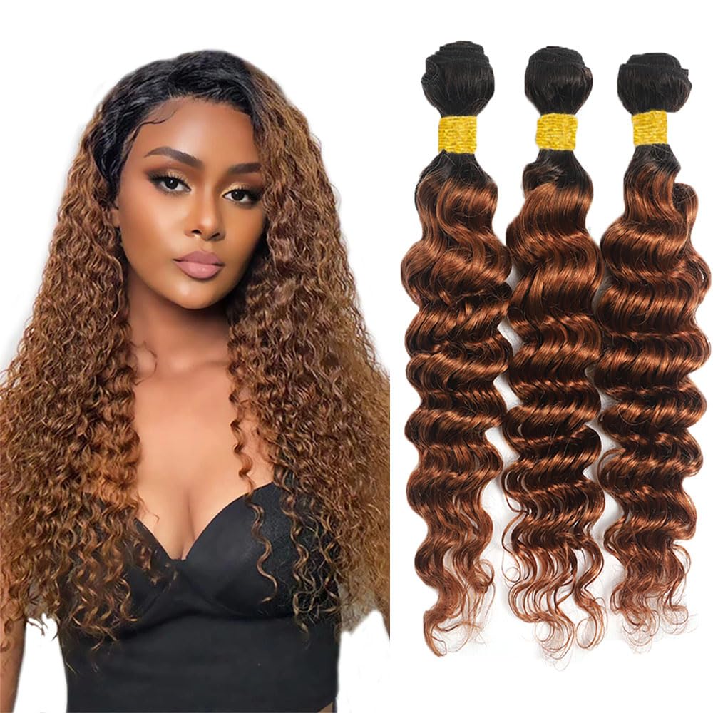 Photo 1 of #1B30 Brown Deep Wave Human Hair Bundles Ombre Light Brown Bundles Human Hair 20 22 24 Inch Quick Weave Brazilian Virgin Remy Hair Extensions Double Weft Deals