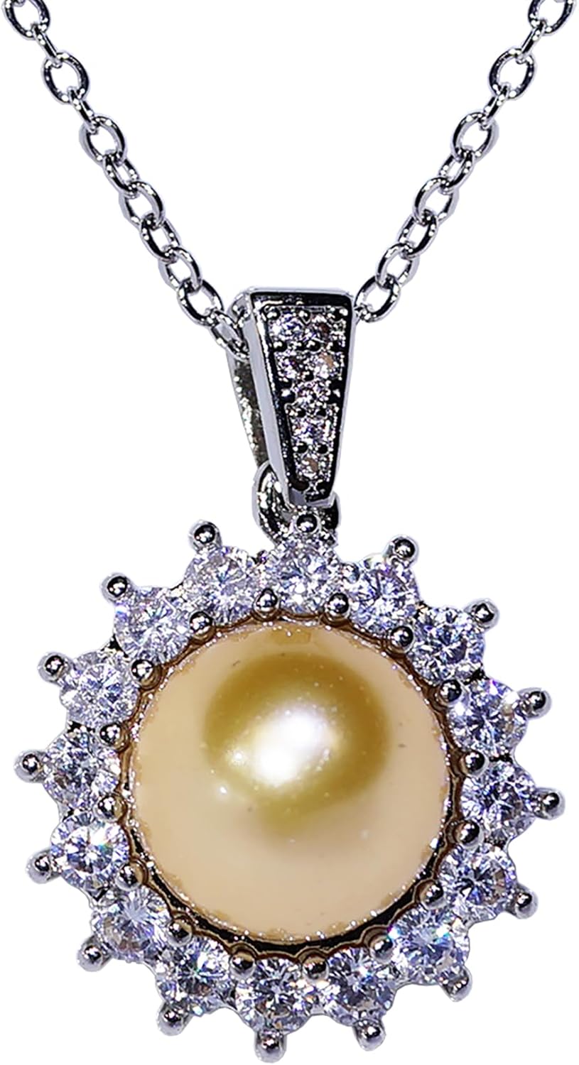 10mm South Sea Pearl Pendant Necklace with Diamonds for Women - 10mm Cultured Pearl Necklace with Diamonds Single Pearl Necklace for Women with 925 Sterling Silver Chain