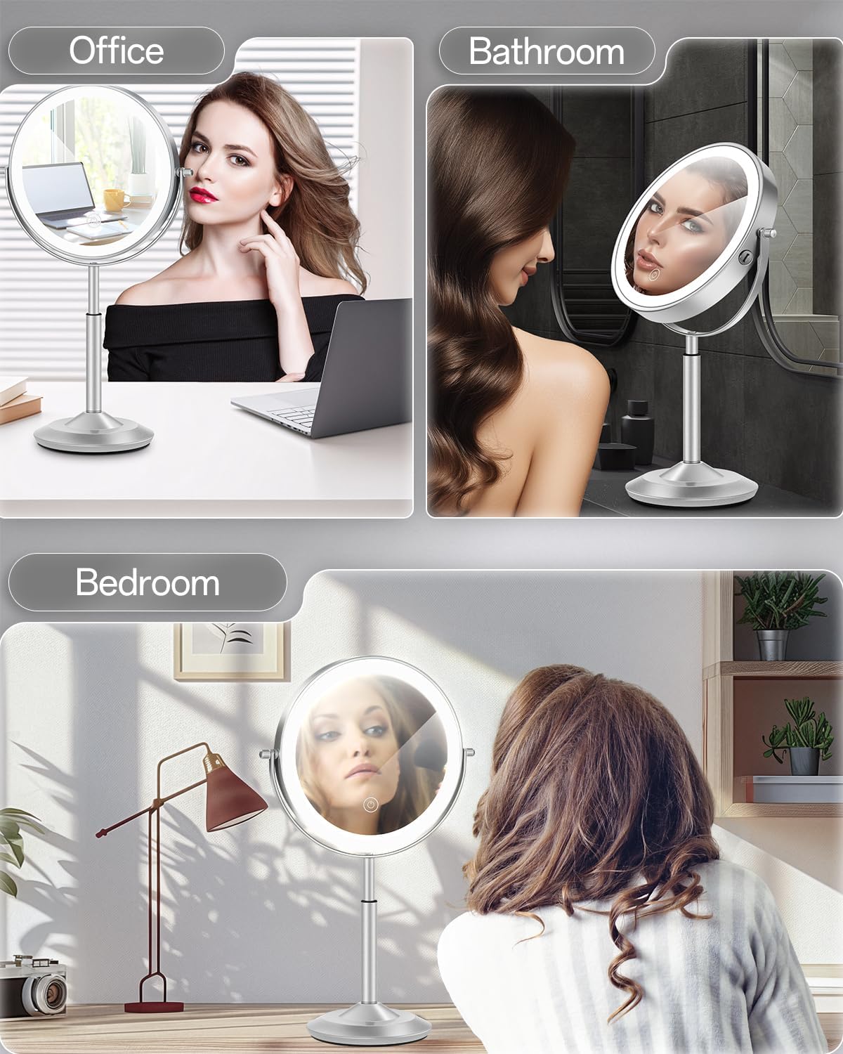 Makeup Mirror with Lights, 1X/30X Lighted Magnifying Mirror Height Adjustable, 3000mAh Rechargeable Double Sided Vanity Mirrors with 3 LED Lighting and Adjustable Brightness for Desk Women Gift