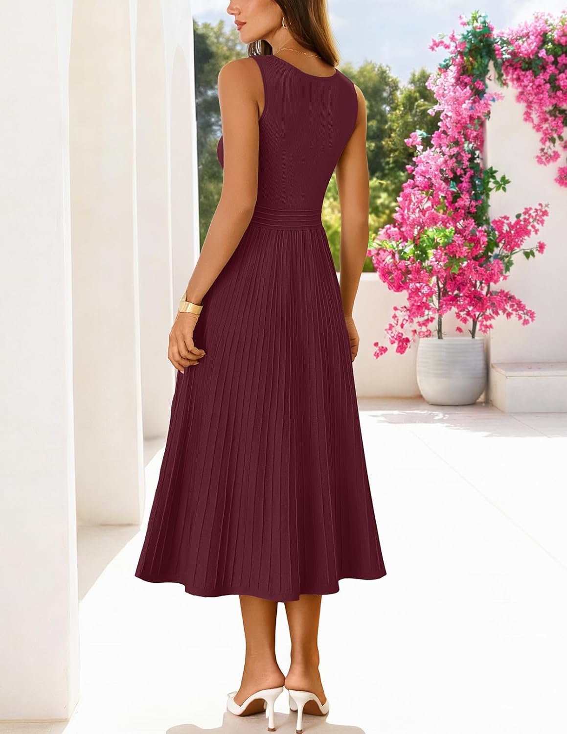 MEROKEETY Women's Summer Midi Dress 2026 Spring Sleeveless Pleated A Line Casual Business Work Cocktail Vacation Dresses