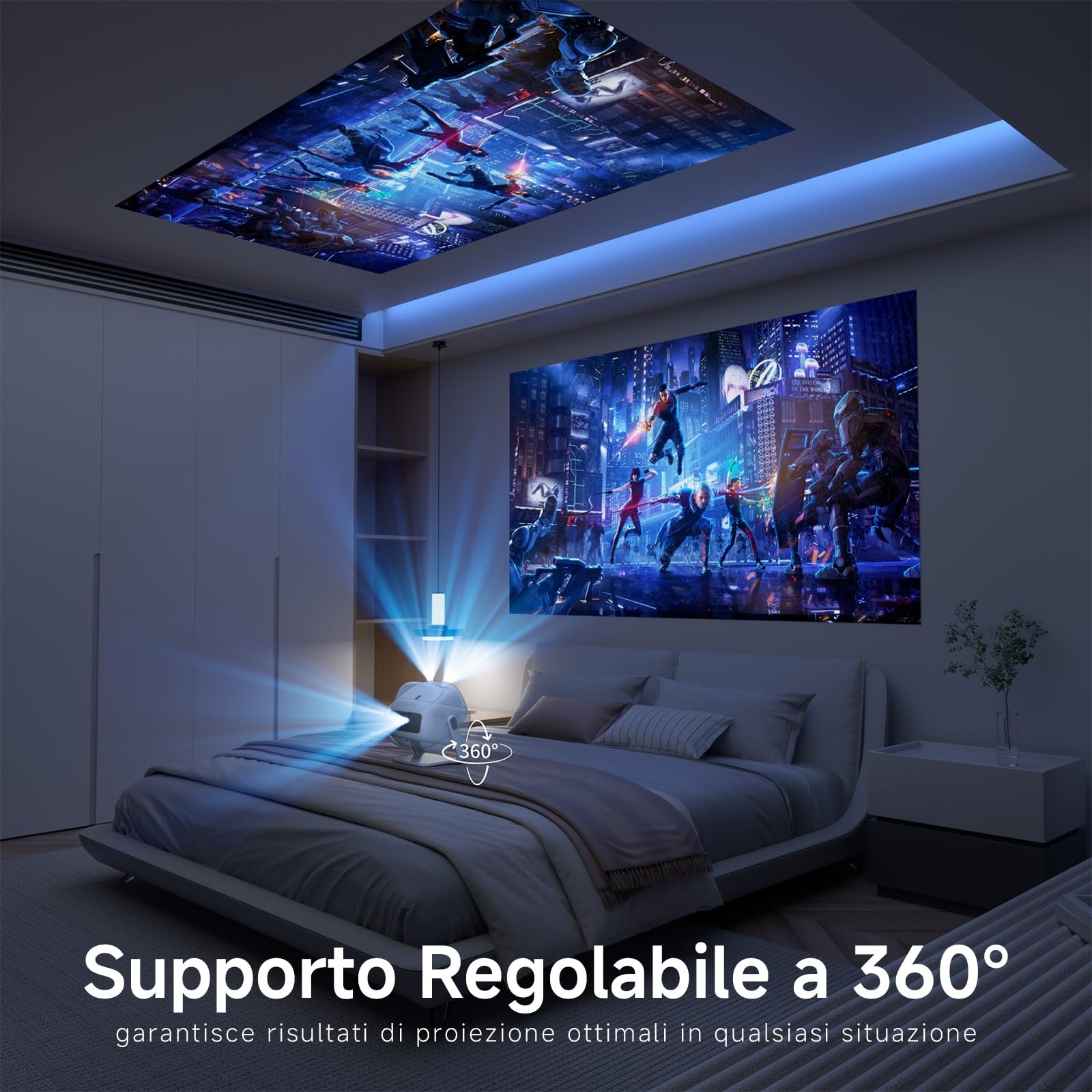 VISULAPEX Proiettore Portatile 1080P Full HD Supporta, 360° Rotabile Mini Proiettore WiFi 6 Bluetooth 5.2 Focus Elettrico, 15000L Videoproiettore Compatibile con Smartphone/PC/HDMI/TV Stick/USB