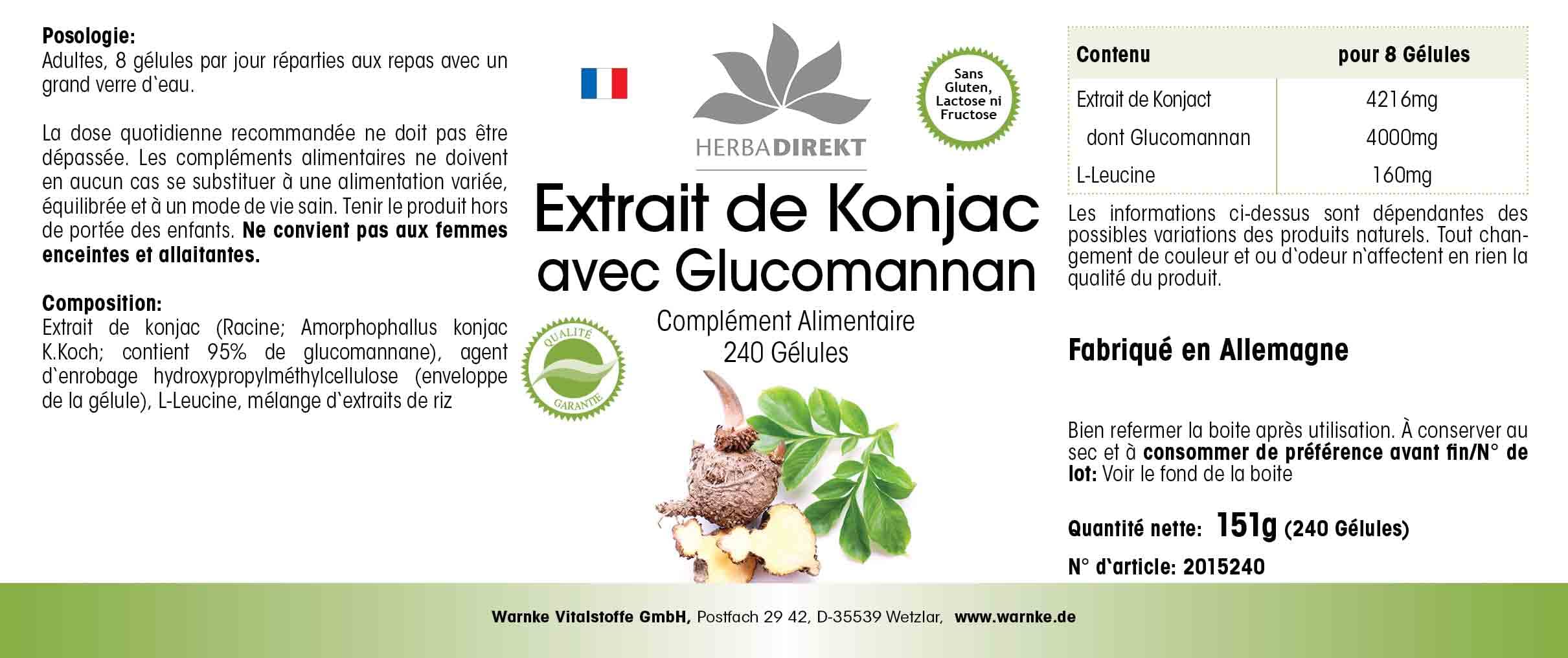 Konjac 527 mg - Extrait - 240 gélules - Végétarien - Avec 95% de glucomannane | Herba Direkt - Qualité des pharmacies allemandes