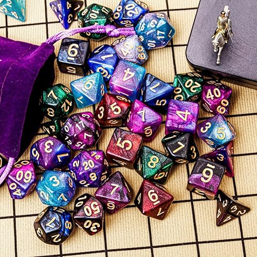 Vista 18 de DND - Juego de 42 dados poliédricos de Calabozos y Dragones para juegos de mesa D&D RPG MTG, dados a granel con coloridas bolsas de cordón y bandeja