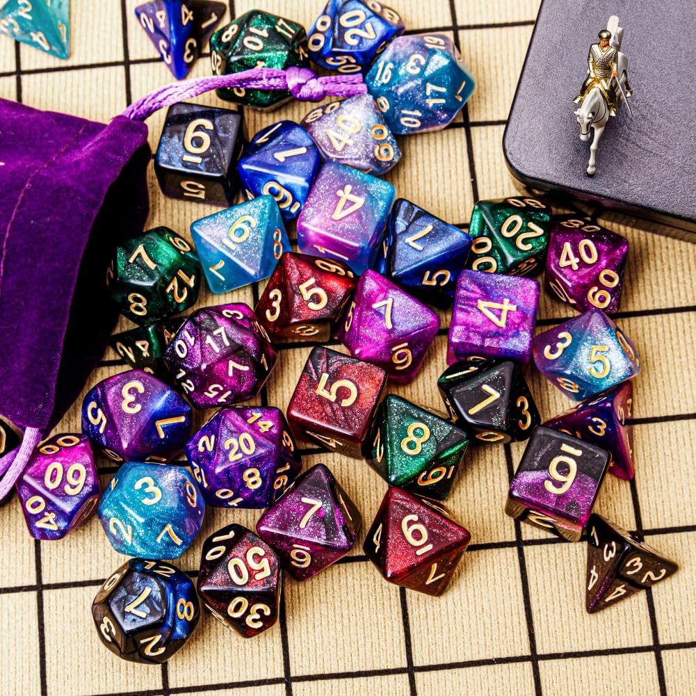 DND - Set di 42 dadi poliedrici per giochi di ruolo da tavolo di D&D e MTG, con sacchetti colorati con coulisse e vassoio per dadi (vassoio a stella)