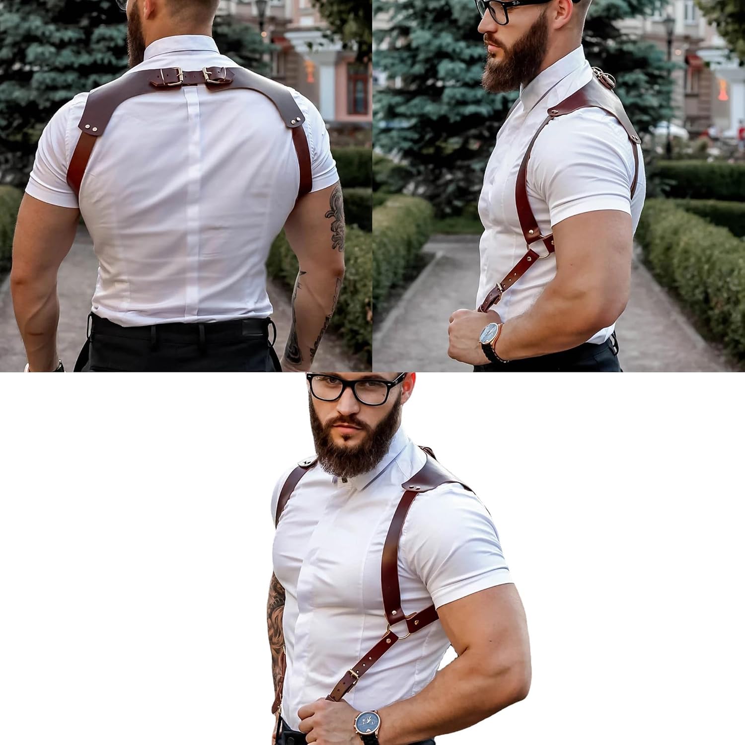 BaronHong PU Leather Renaissance Suspenders,Vintage Men's Back Support Harness,Metal Hooks for Men,Steampunk,Handmade