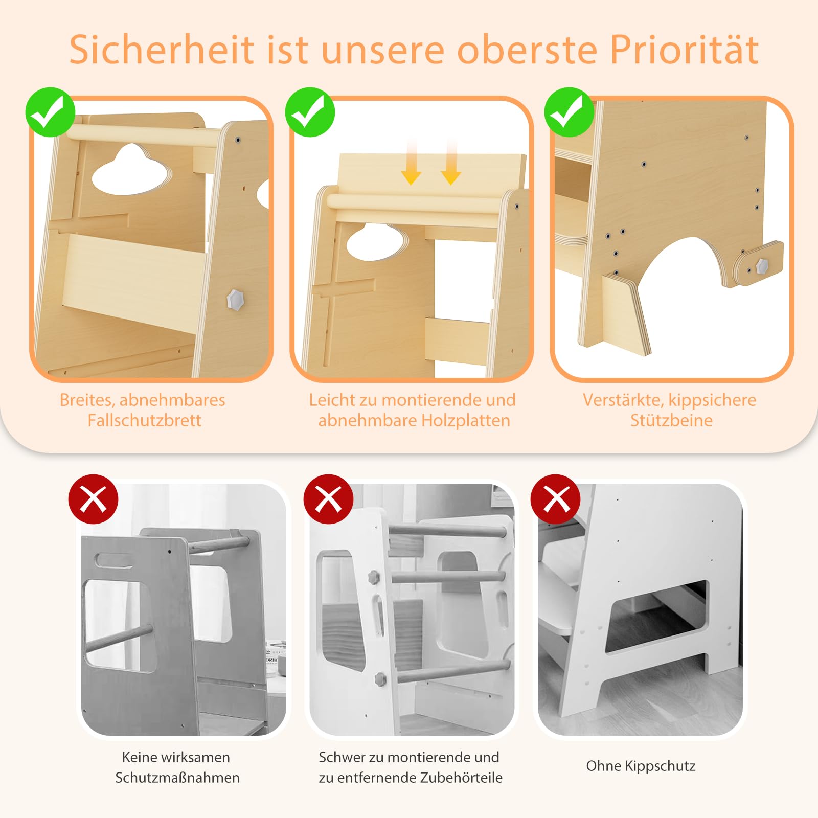 Lernturm für Kleinkinder – 3-in-1 Montessori-Küchenhocker mit Sicherheitsgeländer, höhenverstellbar, stabil mit Anti-Rutsch-Basis, umwandelbar in Hochstuhl und Aktivitätscenter