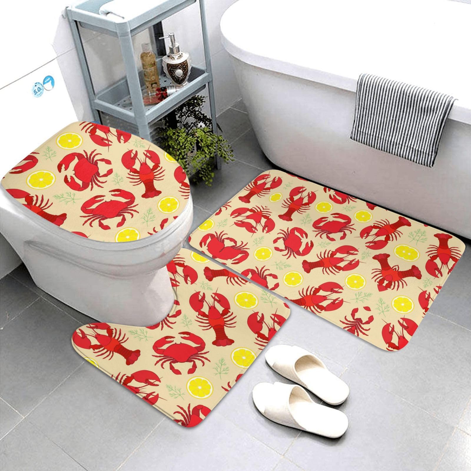 Set di 3 tappetini da bagno con motivo aragosta e granchio, in flanella, morbida, antiscivolo, con coperchio, per decorare la casa
