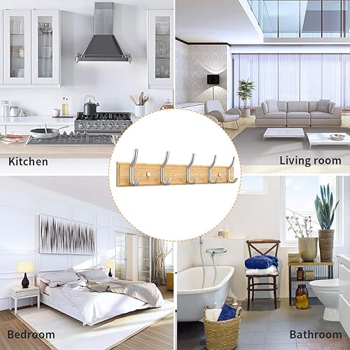 Miniatura 7 de Percha para perchero, 5 ganchos, resistente, para ropa, sombrero, tablero de bambú, ganchos plateados