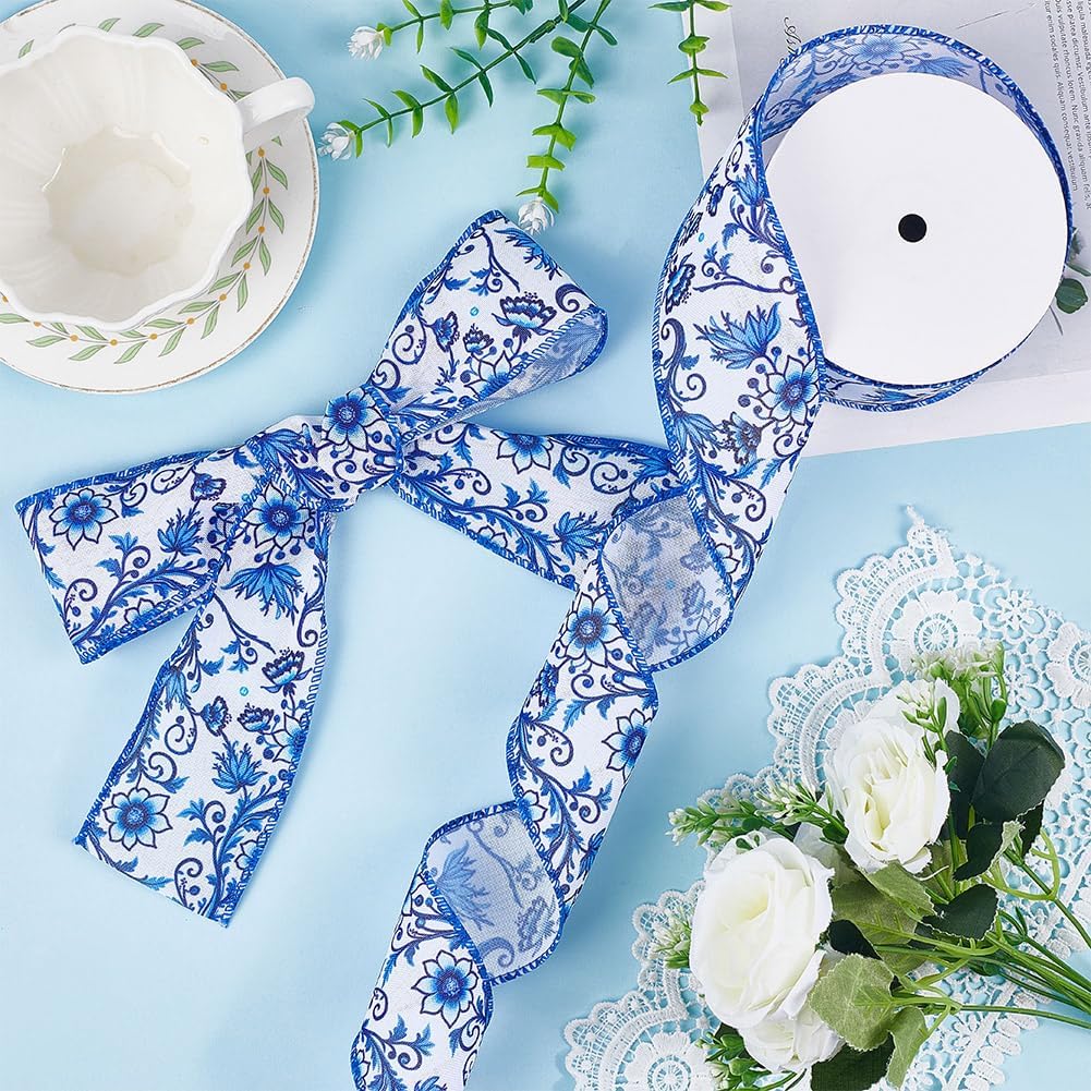 CRASPIRE 12 Yards Blue Flower Ribbon Floral Wired Edge Ribbon 2.5in Vintage Watercolor Chinoiserie Burlap Fabric Edge Trim Roll for Wreath Bows Making Gift Wrapping Holiday Party Supplies Home Decor image 4