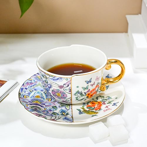 Miniatura 5 de Juego de taza de café y platillo para 1, tazas de té de porcelana con platillos, patrón único, 8.8 onzas, mariposa