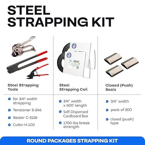 Miniatura 134 de IDL Packaging Kit de flejado de acero portátil de 5/8 pulgadas x 400 pies, resistencia a la rotura de 1400 libras - Solución de flejado de embalaje