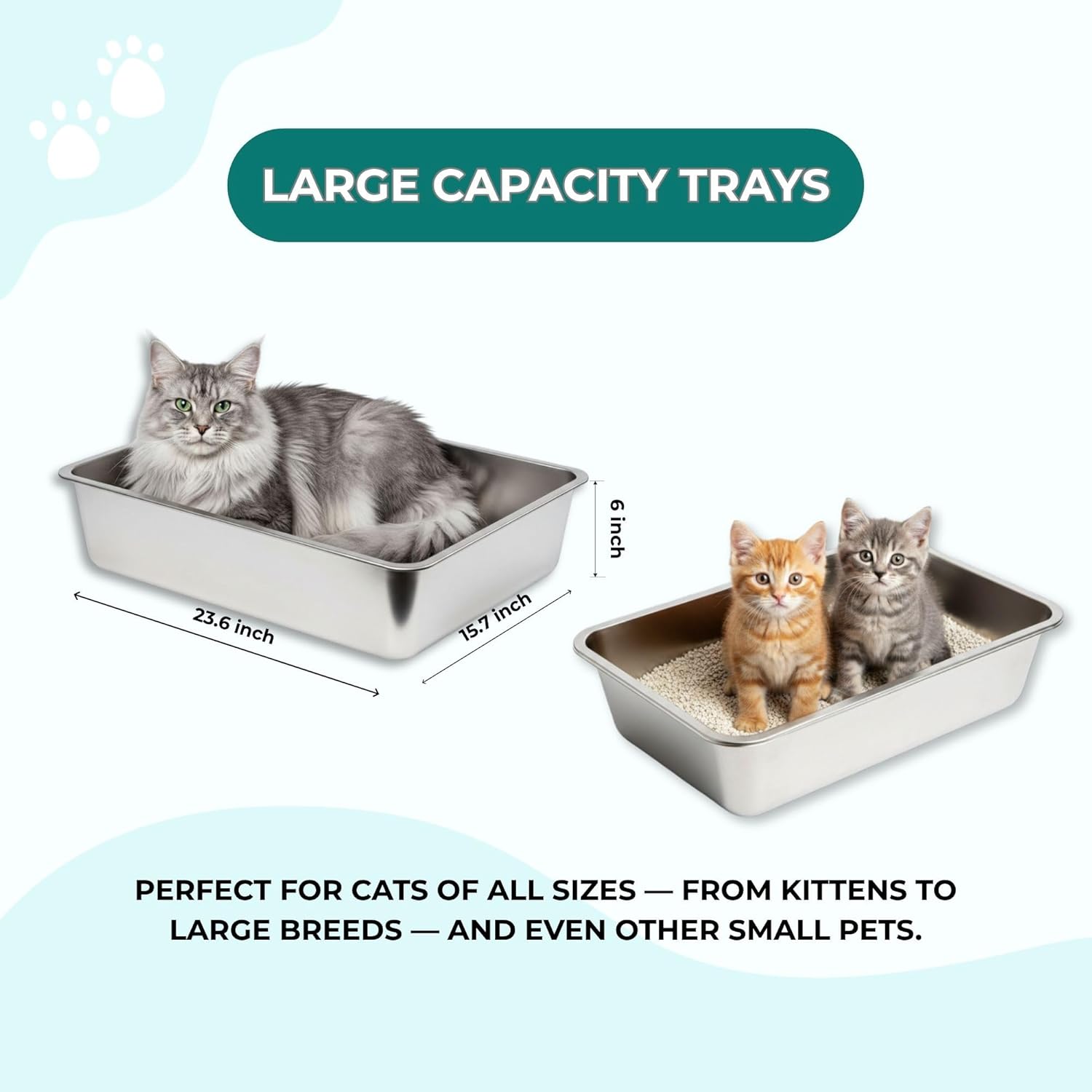 Stainless Steel Cat Litter Box Set – High Sided Metal Litter Box, 4-Piece Kit with 2 Large Trays (23.6” x 15.7” x 6”), Sifting Tray & Scoop, Easy Clean Non-Porous Surface