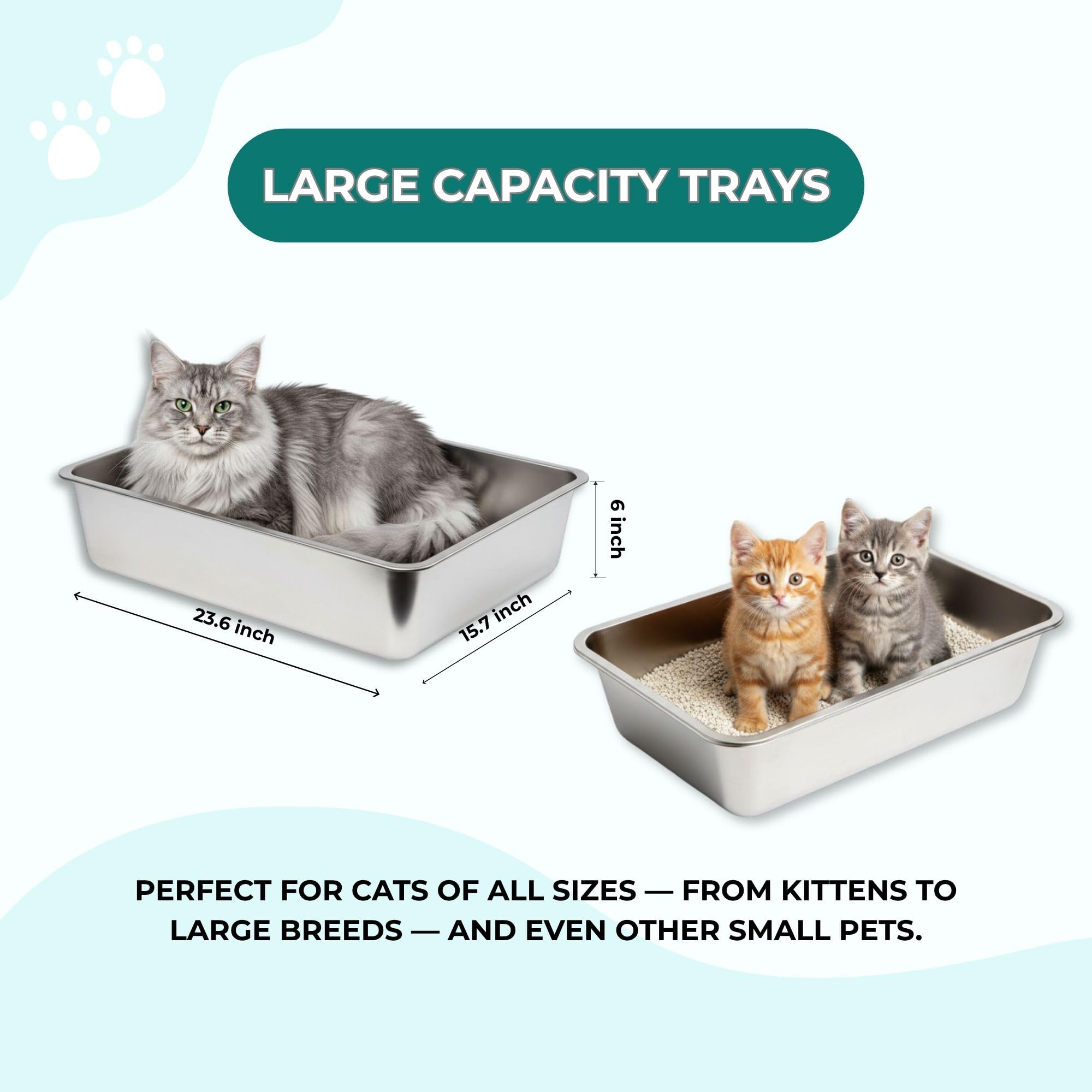 Stainless Steel Cat Litter Box Set – High Sided Metal Litter Box, 4-Piece Kit with 2 Large Trays (23.6” x 15.7” x 6”), Sifting Tray & Scoop, Easy Clean Non-Porous Surface - image 4