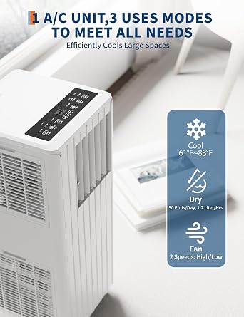 Garvee 8000 BTU Portable Air Conditioner, 3-in-1 Portable AC Cooling, Dehumidifying & Fan for Bedroom, Apartment, Dorm & Rooms Up to 350 Sq. Ft, Sleep Mode, 24-Hr Timer, Remote, Window Kit, White