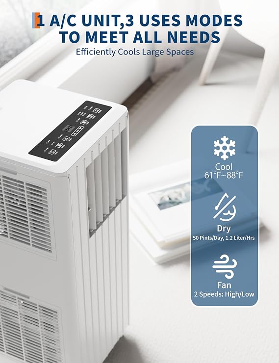 Garvee 8000 BTU Portable Air Conditioner, 3-in-1 Portable AC Cooling, Dehumidifying & Fan for Bedroom, Apartment, Dorm & Rooms Up to 350 Sq. Ft, Sleep Mode, 24-Hr Timer, Remote, Window Kit, White