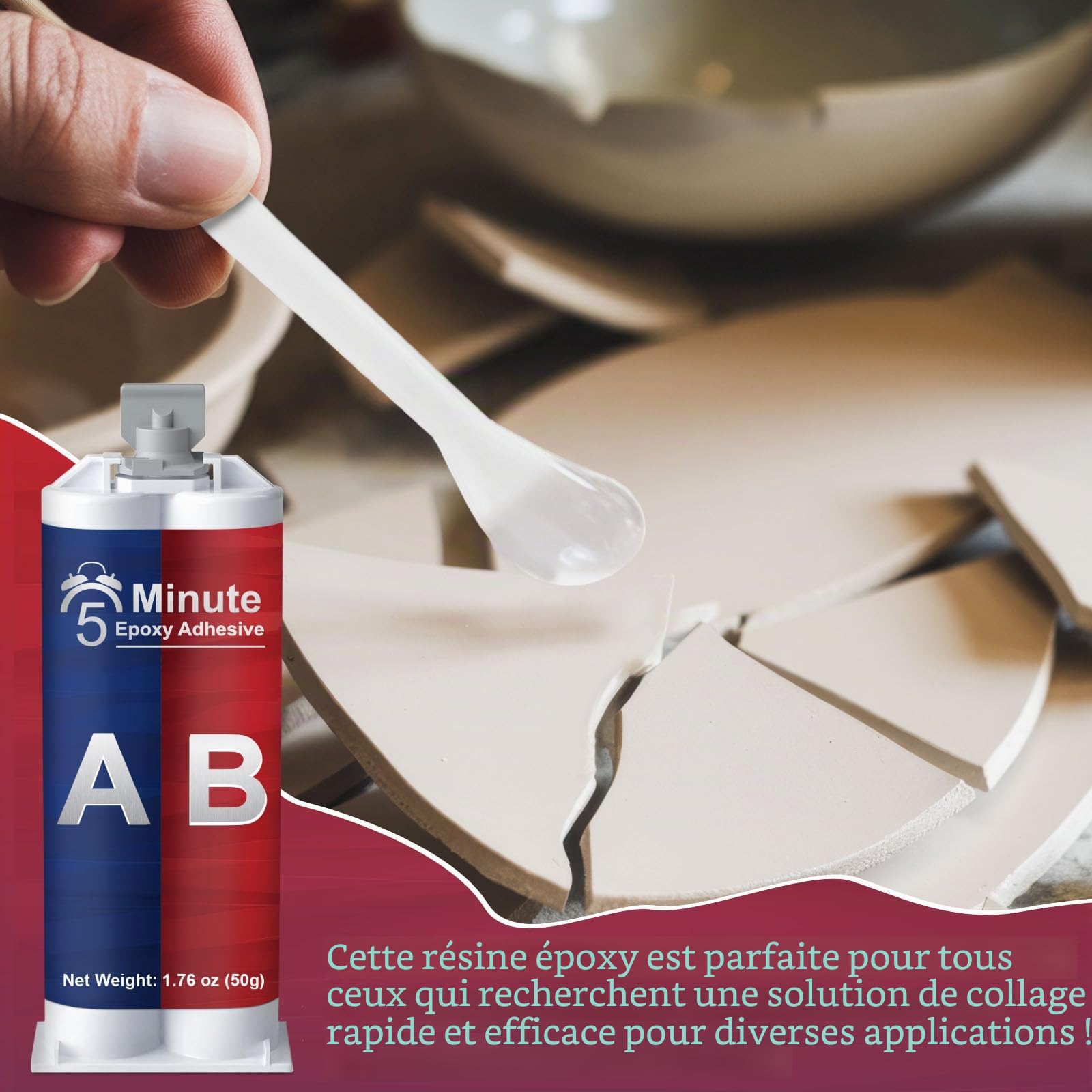 Colle Epoxy 5 Minutes, 50ml Colle bi Composant Transparente, Époxy bi-Composant à Durcissement Rapide la Réparation de la Céramique, de la Porcelaine, du Verre, le bois, métal