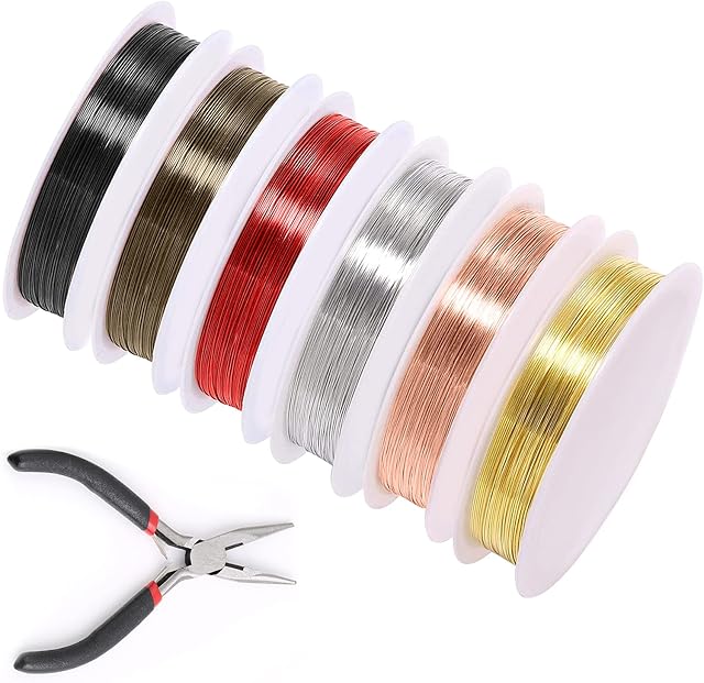 6 Rolls Jewelry Wire for Jewelry Making, VEGCOO Tarnish Resistant Copper Beading Wire with Mini Pliers, Bare Copper Wire for Beading Jewelry Craft Making, 28 Gauge(0.3mm)