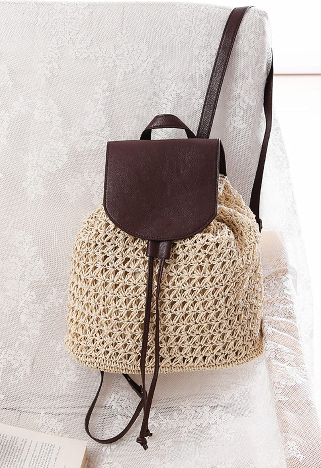 Zaino estivo da donna, in paglia, alla moda, beige, con tracolla intrecciata, da spiaggia