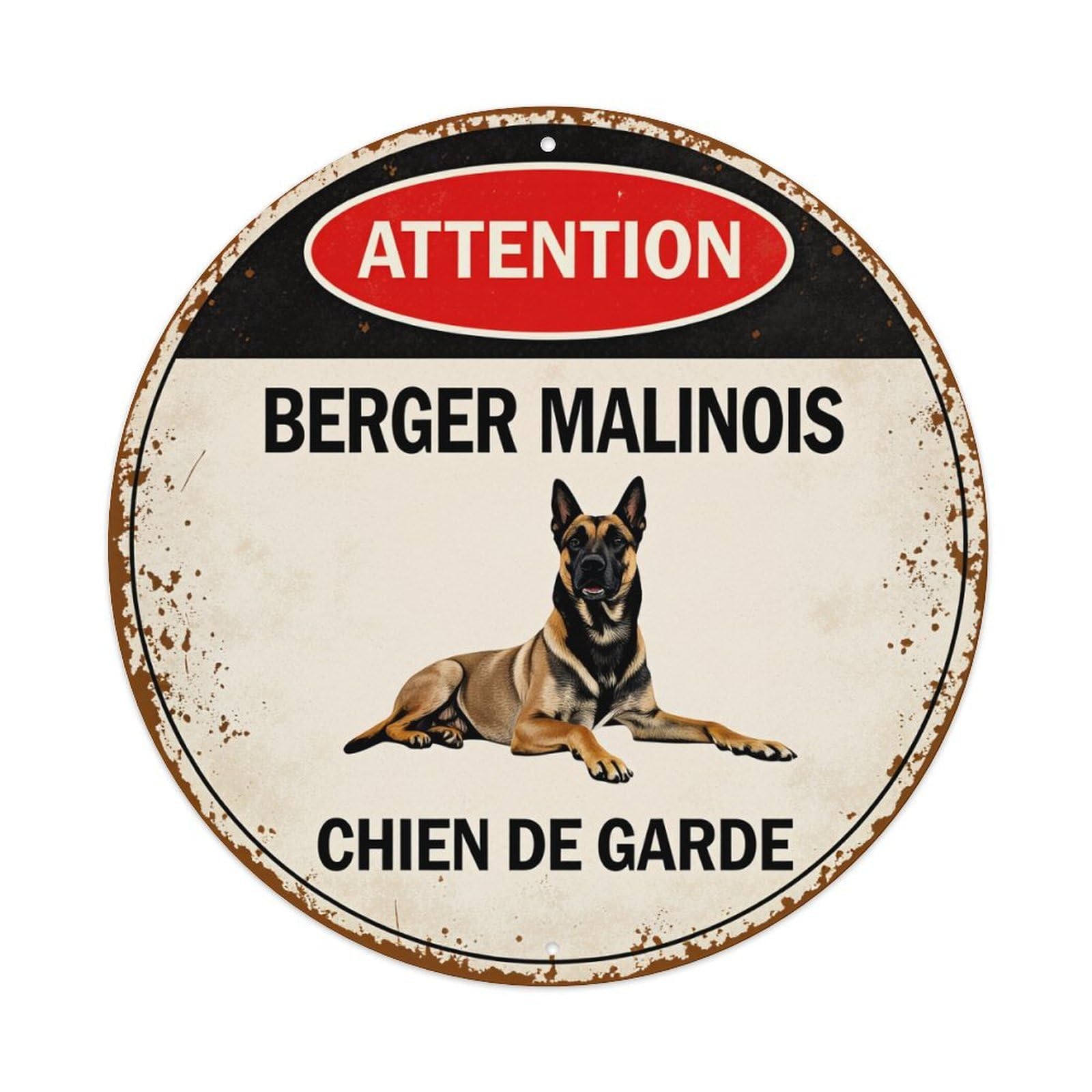 Attention Belgian Malinois Guard Dog Round Tin Sign Vintage Metal Poster Retro Bar, Home, Man Cave, Kitchen, Laundry Room Wall Art Decor Gift 8x8Inch