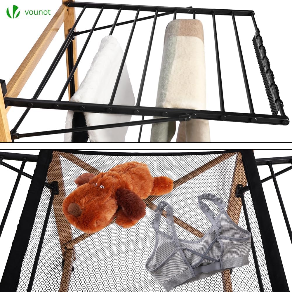 vounot® Séchoir à Linge Deluxe Grande Capacité avec roulettes et Maille Etendoir Extensible Pliable Multifonction Imitation Bois 30m de Séchage pour Usage Intérieur 180x105x61cm Noir — vue 3