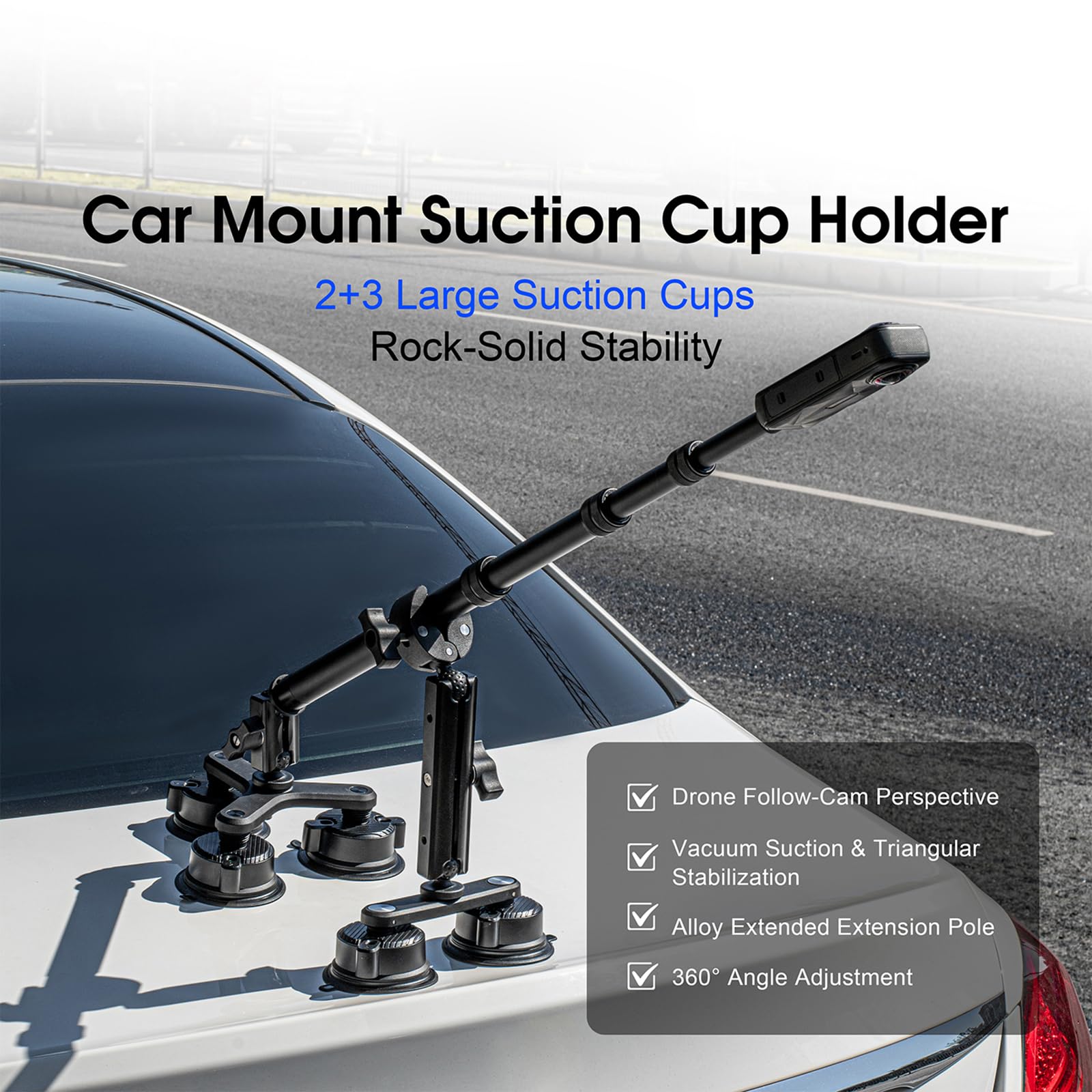 Soporte de ventosa para coche Penta para Insta 360 X5 / DJI Osmo Action 6 / GoPro Hero 13 accesorios aluminio 110 cm extensible Selfie Stick 10 en 1 Kit de montaje de succión para X4 Air/Osmo 360