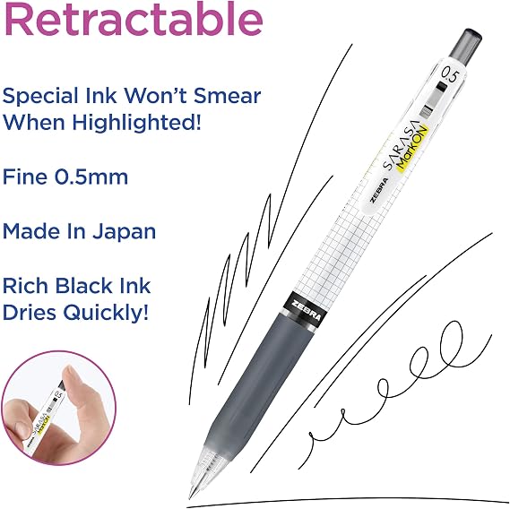 Zebra Pen Sarasa Mark ON Gel Pen, 0.5mm Fine Point, Retractable Black Ink, Smear-Resistant Ink for Highlighting, Expandable Clip, Ideal for Note-Taking, 12-Pack (48410upc)