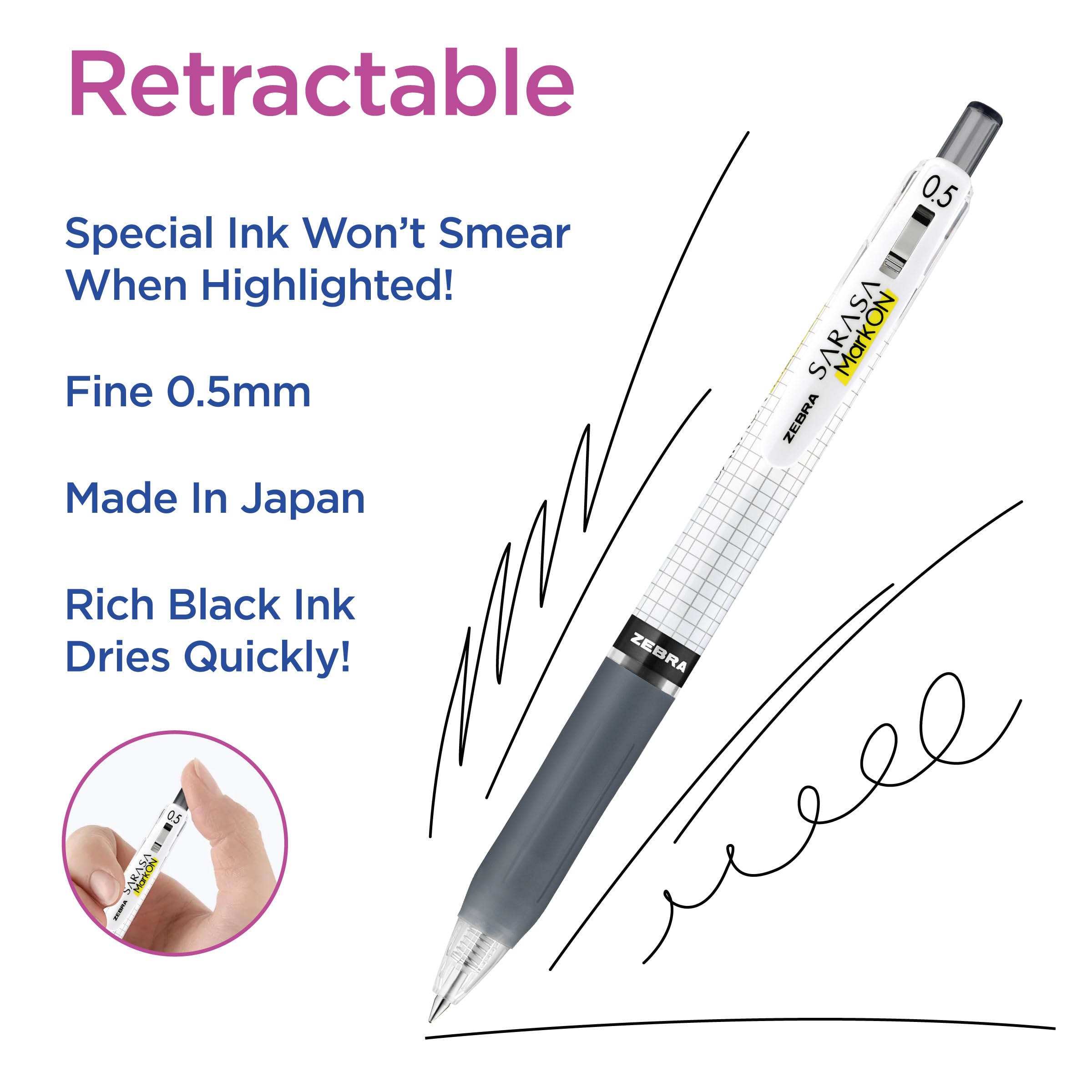 Zebra Pen Sarasa Mark ON Gel Pen 0 5mm Fine Point Retractable Black Ink Smear-Resistant Ink for Highlighting — view 6