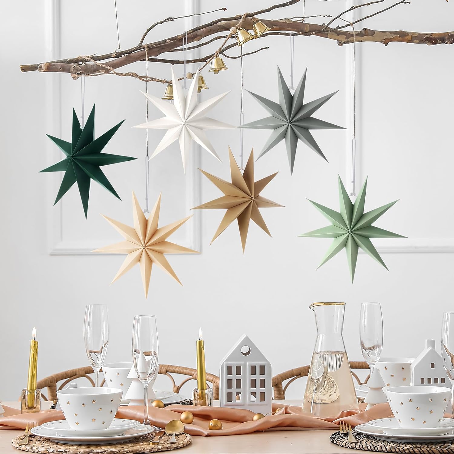 ReliThick 6 Pcs Star Paper Lanterns 12 Inch 9 Pointed Christmas Hanging Lamp Neutral Sage Green Christmas Ornaments Vintage Farmhouse Paper Decorations Xmas Party Decorations