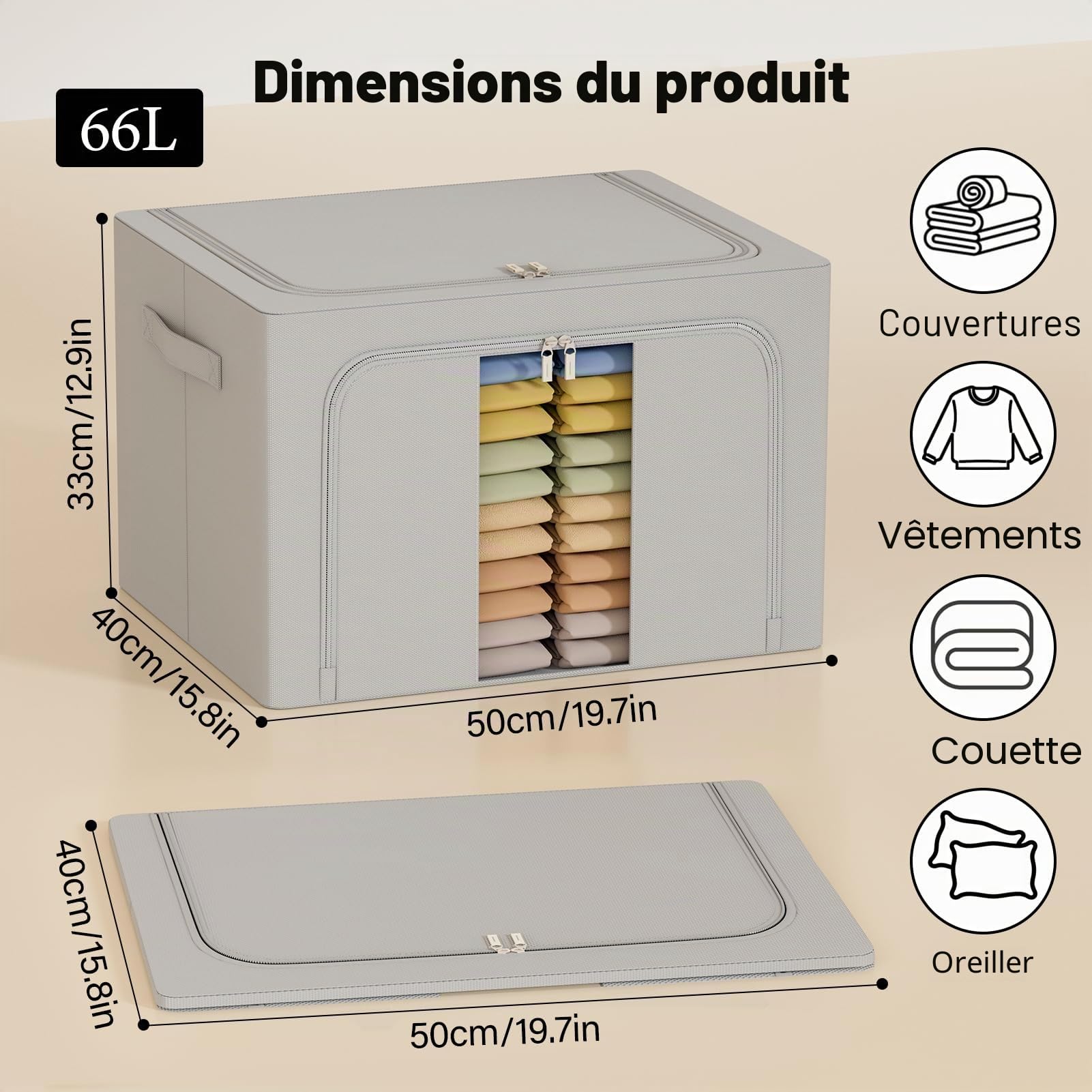GoMaihe 3 pièces Sac de Rangement Vetement 198L: Boîte de Rangement Pliable - Housse Rangement Couette Organisateur de Placard, Sac Rangement Vetement avec Cadre Métallique - Empilables (Gris,66L)