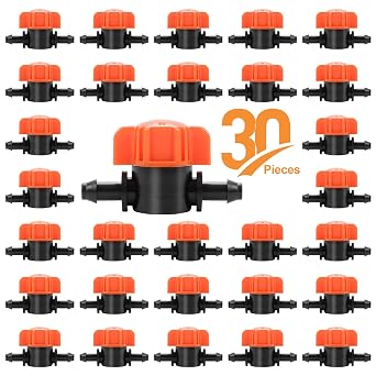 30 PCS 1/4 Inch Drip Irrigation Shut Off Valve 1/4" Drip Line Barbed Valves Fittings for 1/4 Inch Drip Irrigation Tubing Water Flow Control for Garden Watering System