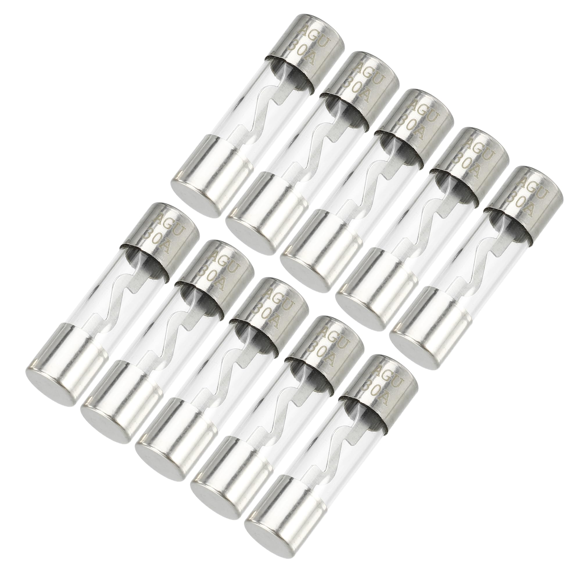 Partuto 10 Pcs 10x38mm 0.39x1.50 Inch 30A Universal AGU Glass Fuse - Car Fuse Tube Power Safety Protect Glass Tube - Metal Silver Tone