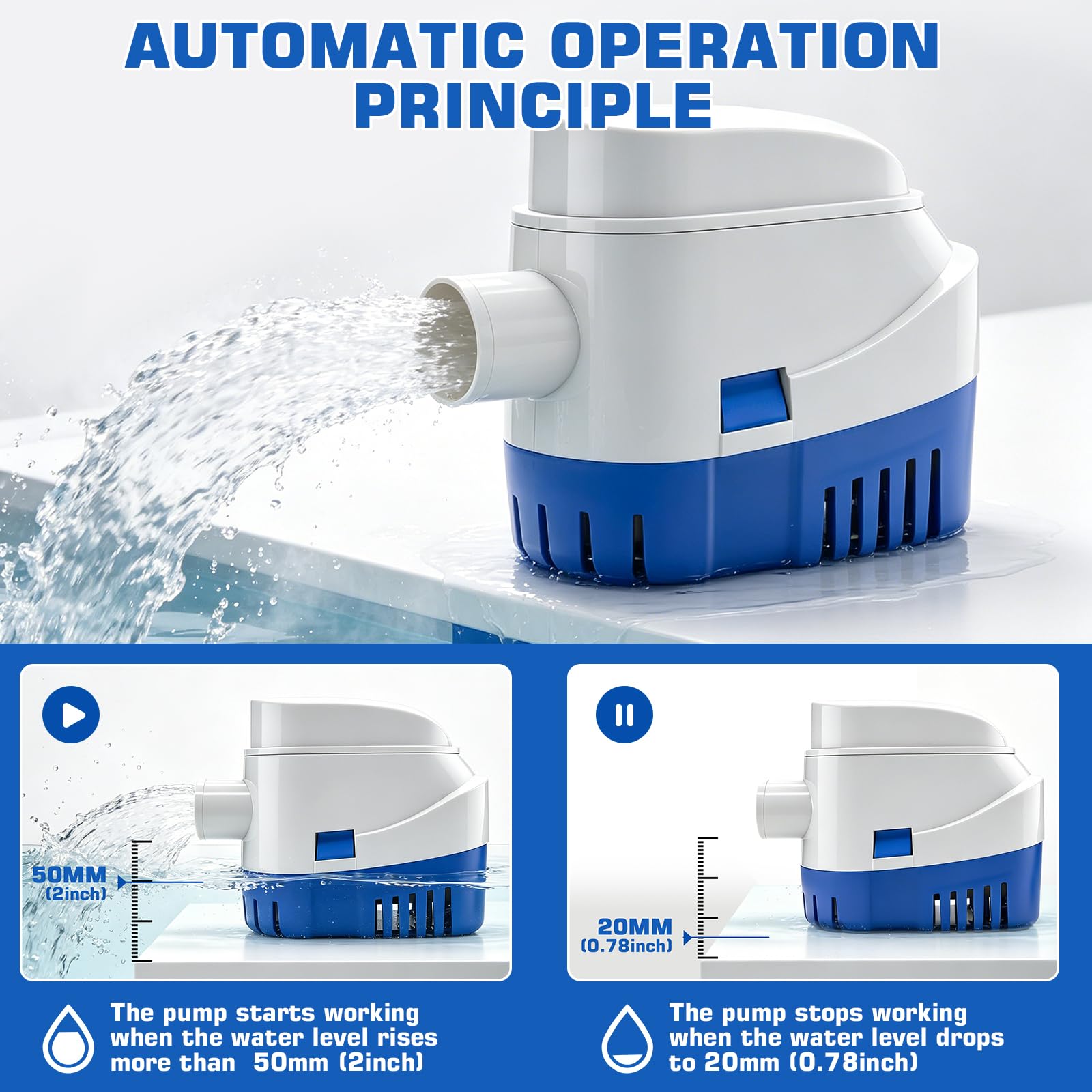 KAOLALI Automatische Bilgepumpe 12V 1100GPH Marine Bilgenpumpe Tauchpumpe 29mm Automatische Boots Lenzpumpe Elektrische Lenzpumpe Bilgenwasser Pumpe für Boote, Teiche, Pools