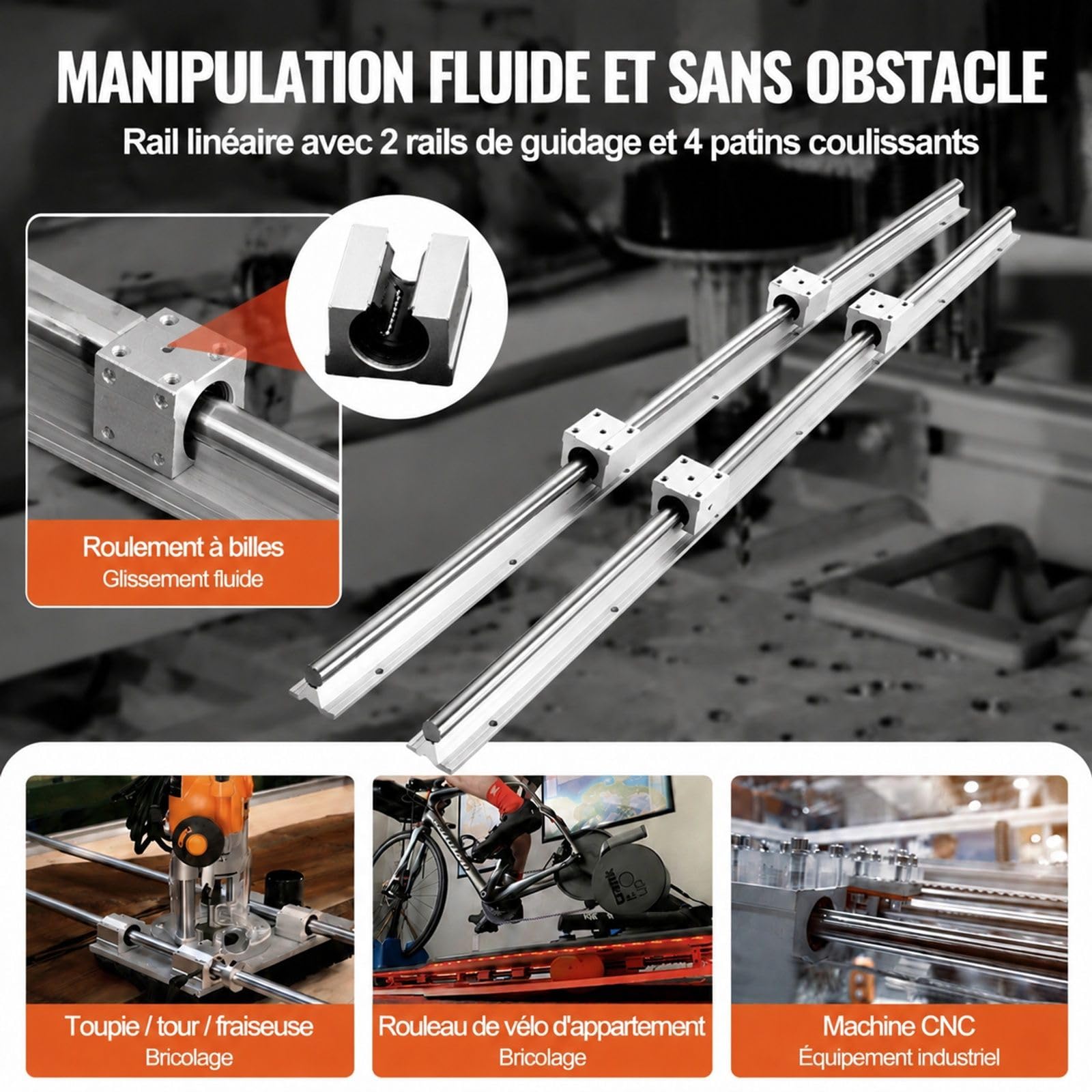 Rail de guidage linéaire, 2 rails et 4 blocs de roulement pour machine CNC, tour et imprimante 3D