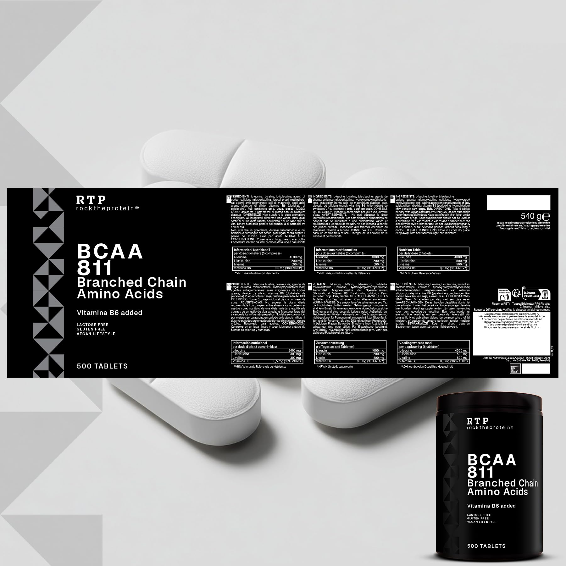 Aminoacidi Ramificati BCAA 8 1 1 500 Compresse RTP – con 4000 mg L-Leucina, L-Isoleucina e L-Valina – Vitamina B6 – Amminoacidi BCAA per Sport, Palestra e Pre Post Workout