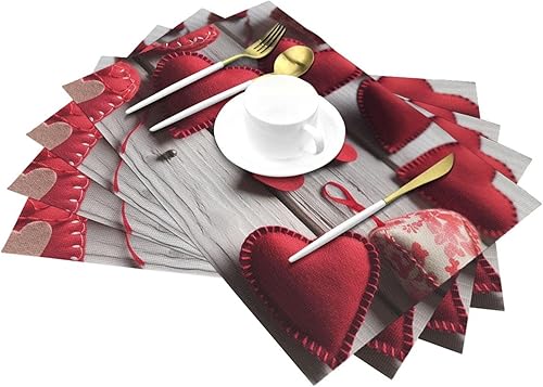 Miniatura 6 de 6 PCS PVC Placemats Set Place Mats Handmade Red Hearts Non-Slip Weave Place Mats 12" x 18" Farmhouse Table Mat Set for Family Dinners Wedding Parties