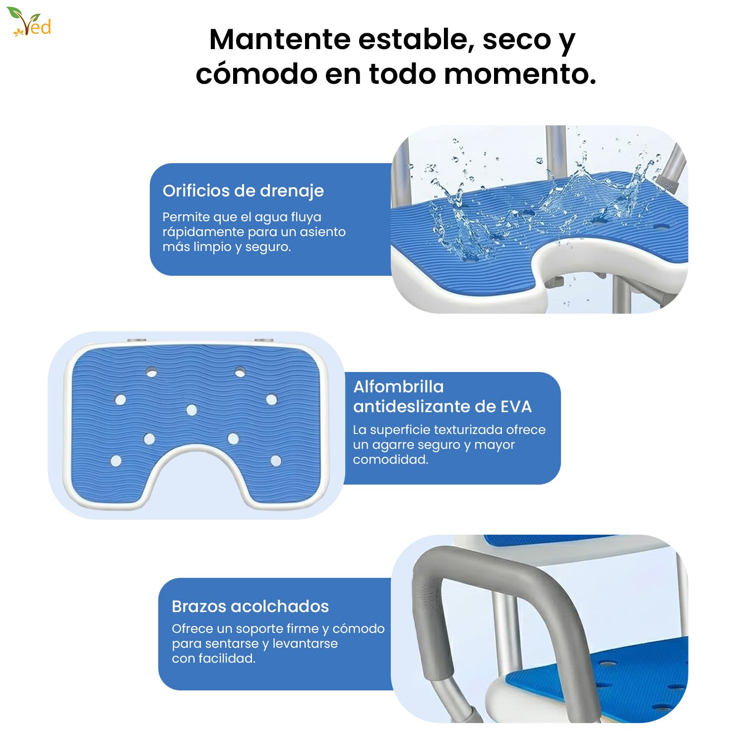 Silla de Ducha VED, Asientos de Ducha en Forma de U con reposabrazos y Respaldo, Taburete de Ducha Ajustable en Altura de 6 Pulgadas, Silla de bañera, Capacidad de 330 LB