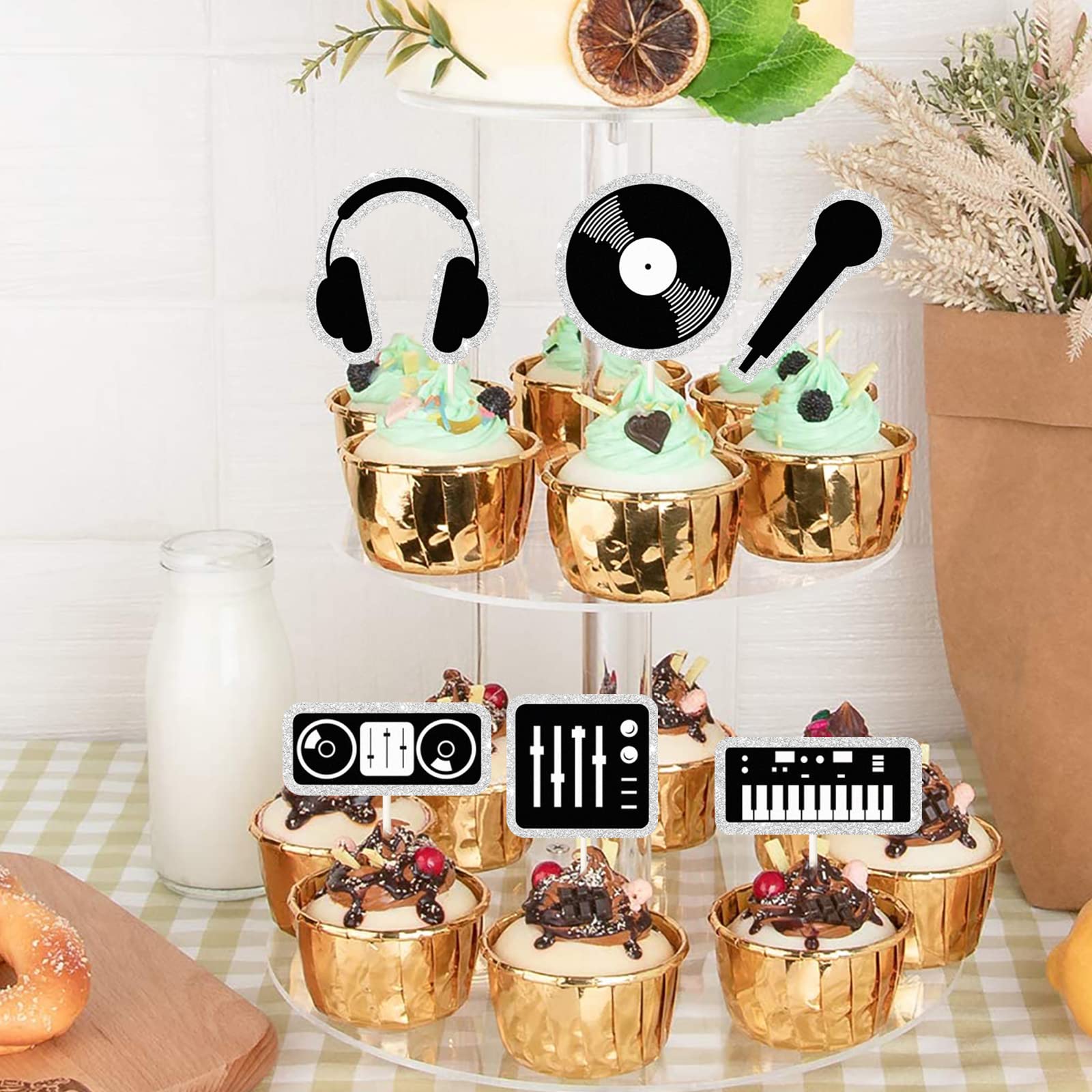 MEFENG Toppery na babeczki DJ - motyw muzyczny dekoracje babeczek - kostki do tortów urodzinowych - muzyczne media społecznościowe hip-hop dekoracje na przyjęcie urodzinowe