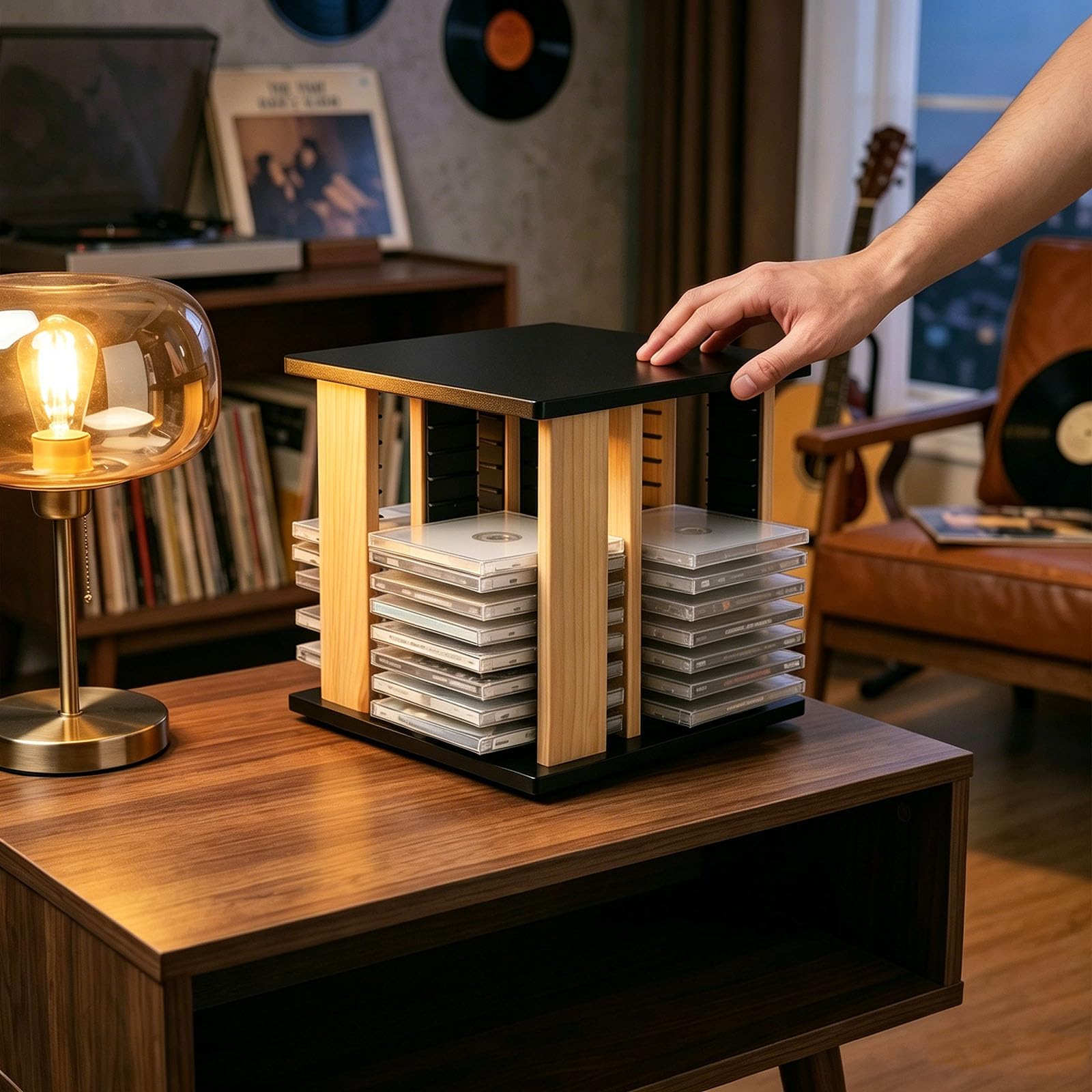 Porta CD Girevole Arisen - Porta Dischi Vintage per Dvd E Album Musicali, Elegante Ripiano Espositivo per La Collezione di CD E La Conservazione dei Dischi in Vinile.