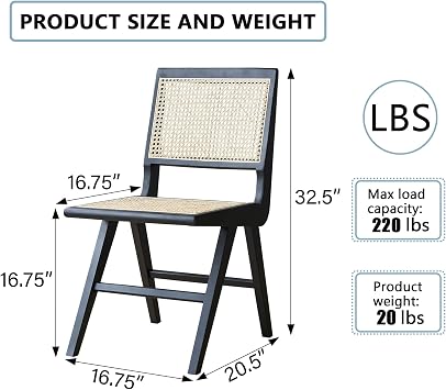 Rattan Chair Set of 2, Cane Dining Chair with Cane Back & Wood Base, Mid Century Modern Chair for Living Room, Kitchen, Dining Room, Yard, Study Room, Teahouse, Hotel, B&B, Black