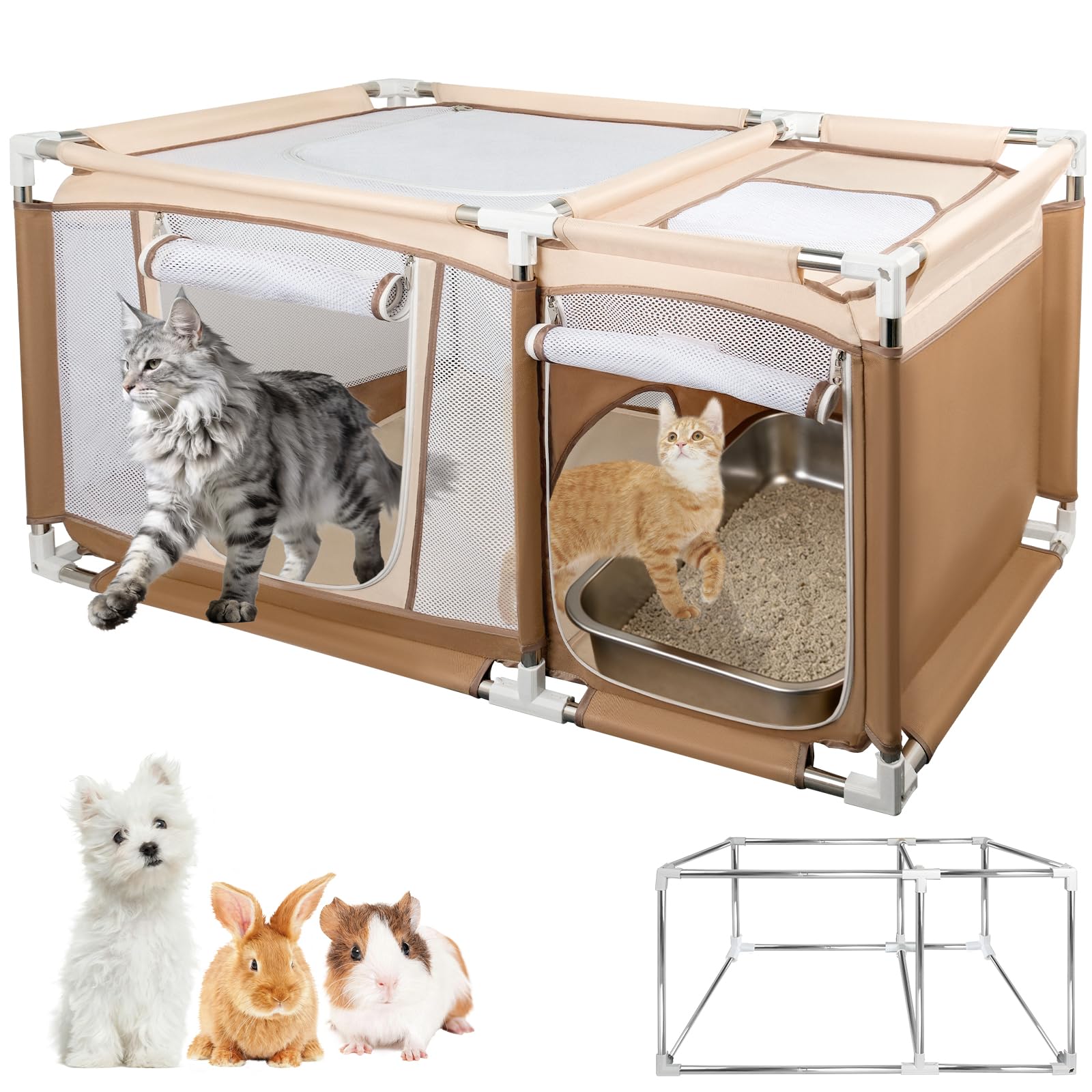 Photo 1 of 47.2"x30.1"x23.6" Sturdy Stainless Steel Frame Cat Playpen, 2-in-1 Large Cat Tent with Play & Litter Areas for Indoor Cats, Breathable Mesh Kitten Playpen with Removable Bottom Pad for Easy Cleaning