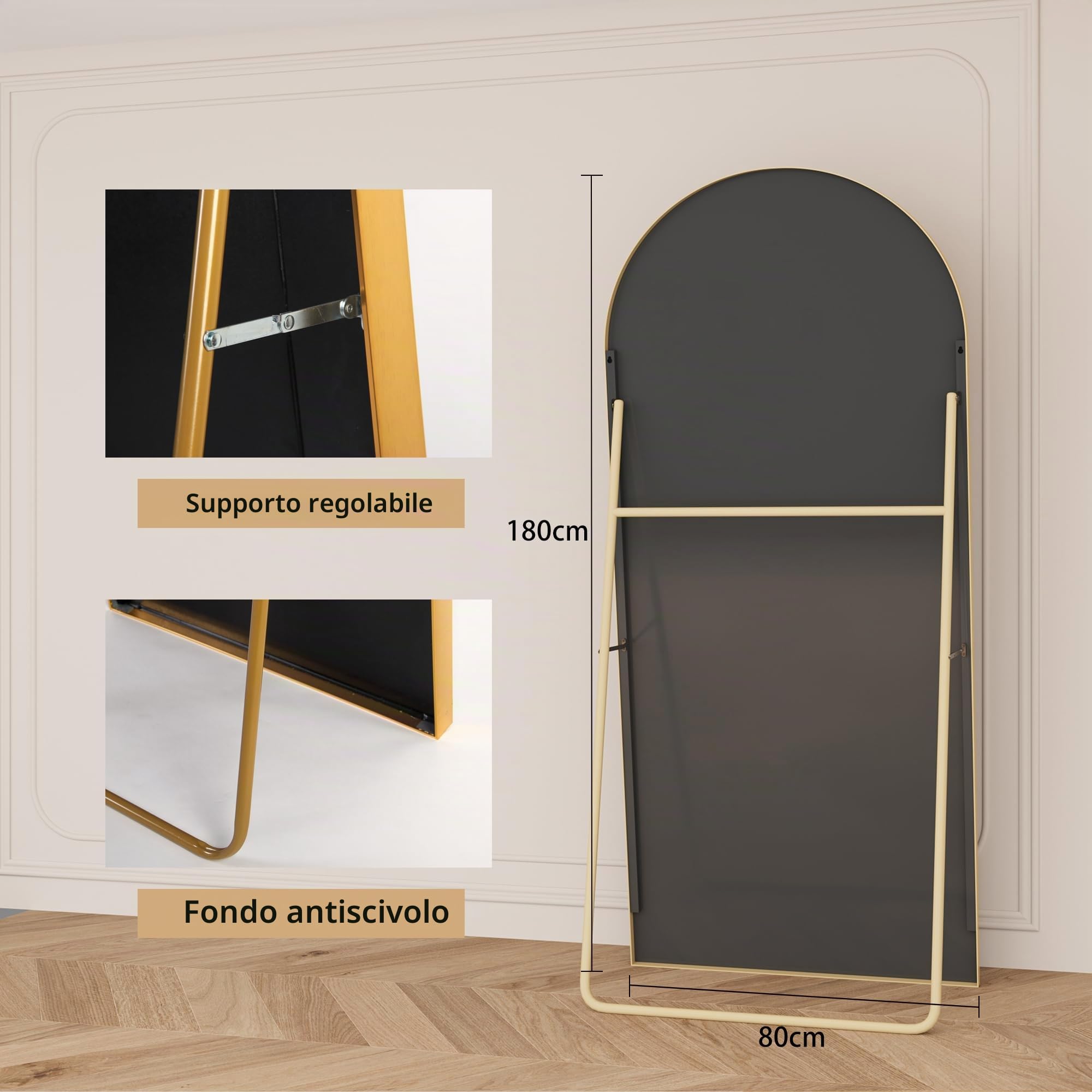 MOTUZP Specchio a Figura Intera, 180 x 80 cm Specchio da Terra ad Arco, Specchio da Parete o da Terra, Cornice in Lega di Alluminio Nera,Per Soggiorno, Camera da Letto, Corridoio (Archi oro)